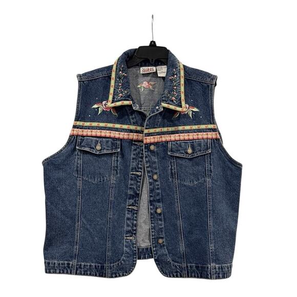 bill blass Jackets & Blazers - Vintage 90s Bill Blass Women’s Denim Vest Embroidered Embellished Floral 2X